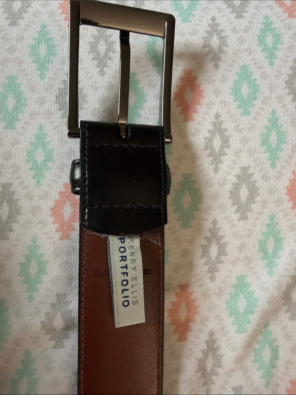 Perry Ellis Black and Brown Reversible Leather Belt with Silver Buckle